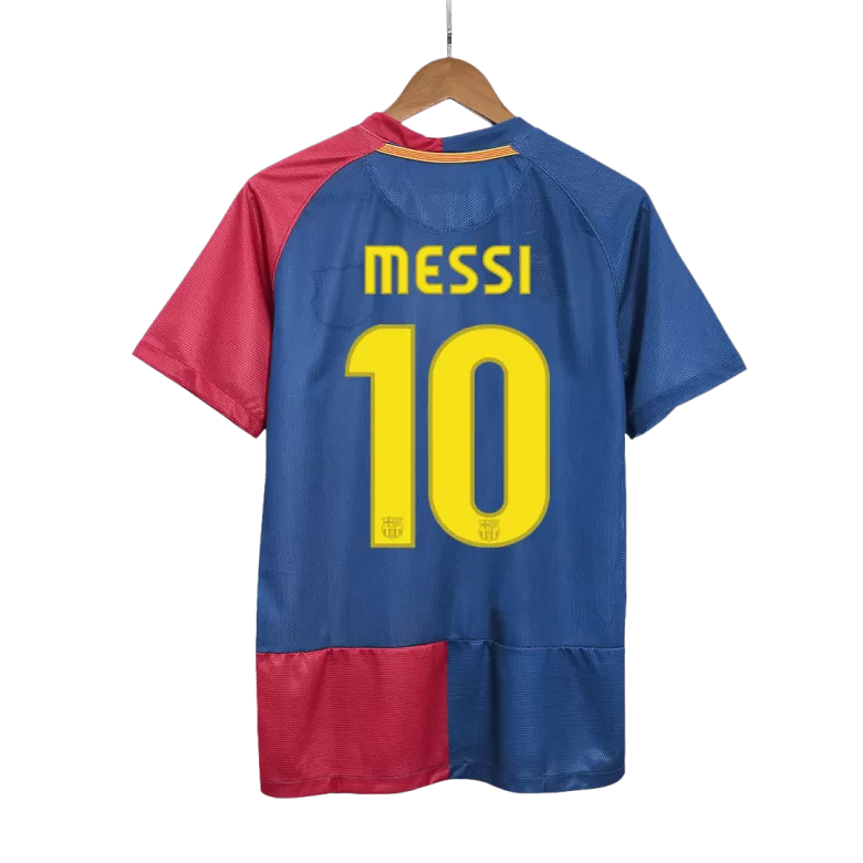 A Barcelona soccer jersey with MESSI #10 printed on the back in blue and red colors, representing the 2008-09 home retro edition.