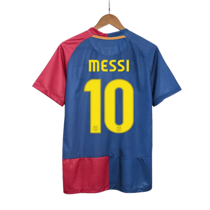 A Barcelona soccer jersey with MESSI #10 printed on the back in blue and red colors, representing the 2008-09 home retro edition.